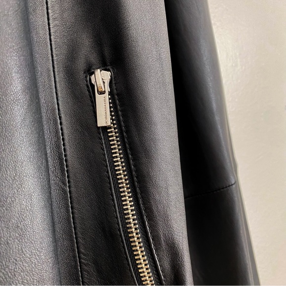BCBGMaxAzria Leather Black Bomber Jacket Minimalist Collarless Luxury Timeless S - Picture 7 of 9